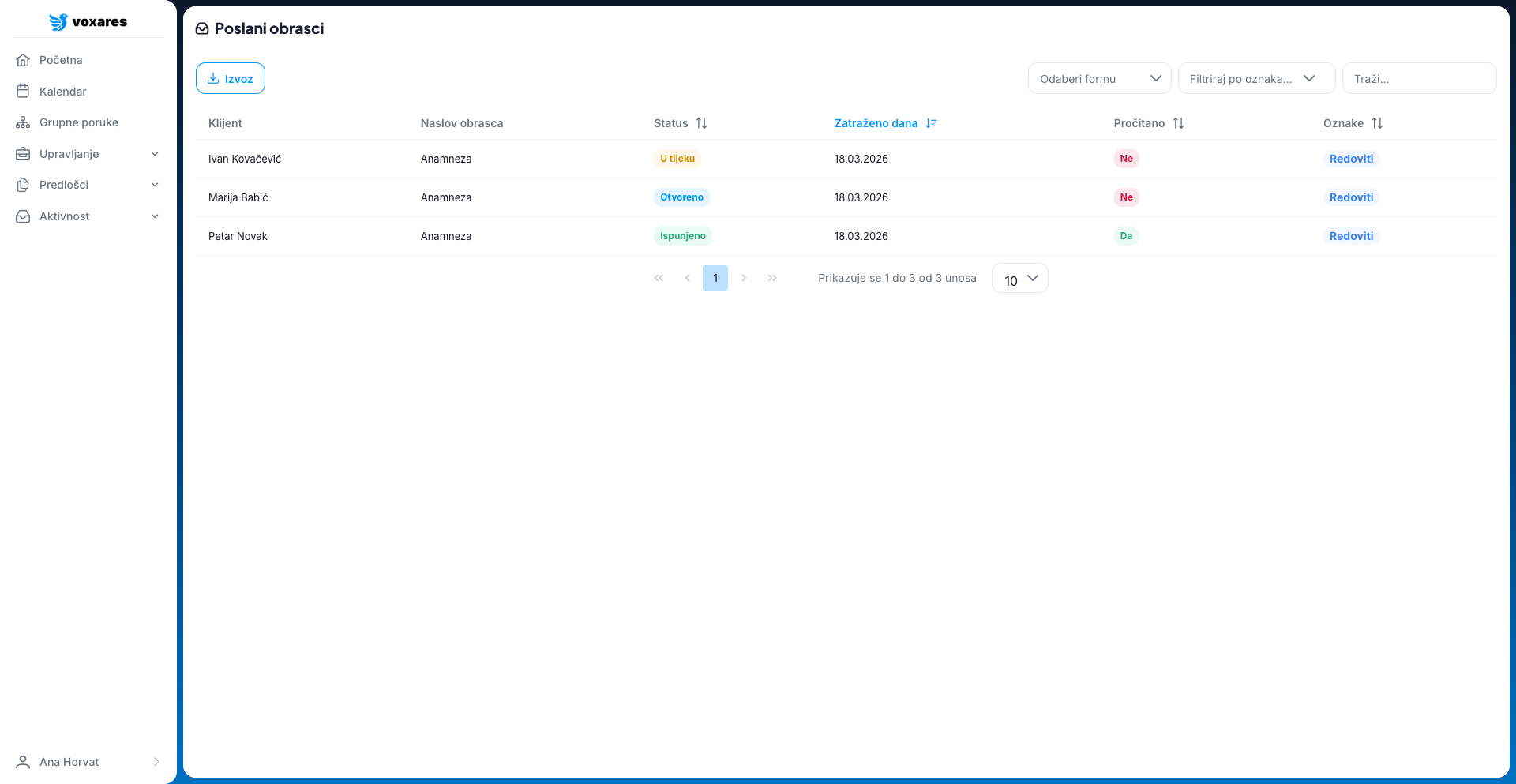Popis podnesenih obrazaca sa statusima